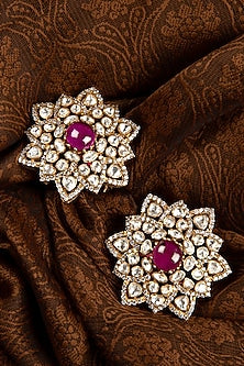 Gold Finish Ruby Stone & Kundan Polki Stud Earrings In Sterling Silver