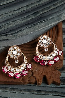Gold Finish Ruby Stone & Moissanite Polki Stud Earrings In Sterling Silver