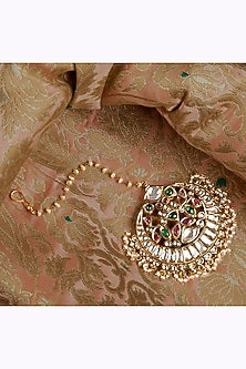 Gold Finish Kundan Polki & Multi-Colored Stone Maang Tikka In Sterling Silver