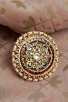 Gold Finish Kundan Polki & Multi-Colored Stone Ring In Sterling Silver
