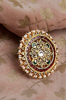Gold Finish Kundan Polki & Multi-Colored Stone Ring In Sterling Silver