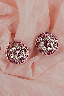 Gold Finish Ruby Stone & Kundan Polki Stud Earrings In Sterling Silver