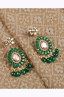 Gold Finish Green Stone & Kundan Polki Dangler Earrings In Sterling Silver