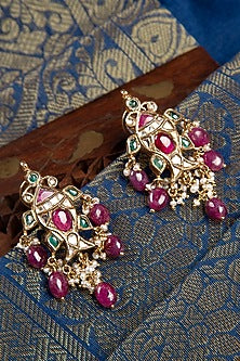 Gold Finish Pink Stone & Kundan Polki Dangler Earrings In Sterling Silver