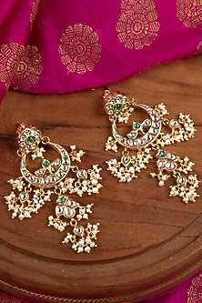 Gold Finish Pearl & Multi-Colored Stone Dangler Earrings In Sterling Silver