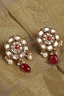 Gold Finish Kundan Polki & Ruby Drop Dangler Earrings In Sterling Silver