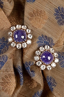 Gold Finish Blue Sapphire Stone & Kundan Polki Stud Earrings In Sterling Silver