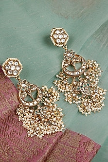 Gold Finish Kundan Polki & Pearl Jhumka Earrings In Sterling Silver