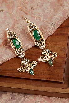 Gold Finish Kundan Polki & Emerald Stone Dangler Earrings In Sterling Silver