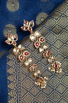 Gold Finish Kundan Polki & Ruby Stone Dangler Earrings In Sterling Silver