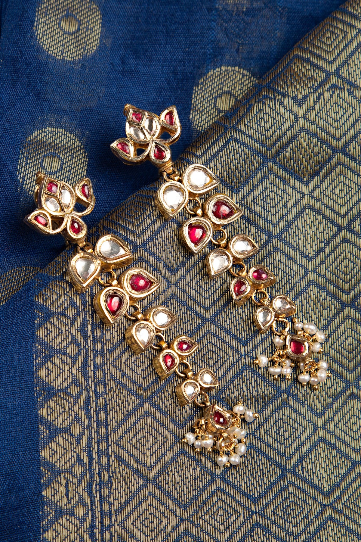 Gold Finish Kundan Polki & Ruby Stone Dangler Earrings In Sterling Silver