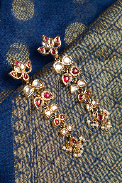 Gold Finish Kundan Polki & Ruby Stone Dangler Earrings In Sterling Silver