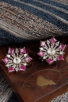 Gold Finish Kundan Polki & Ruby Stone Stud Earrings In Sterling Silver