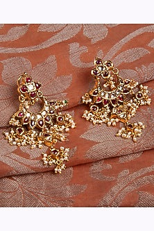 Gold Finish Pearl & Multi-Colored Stone Dangler Earrings In Sterling Silver