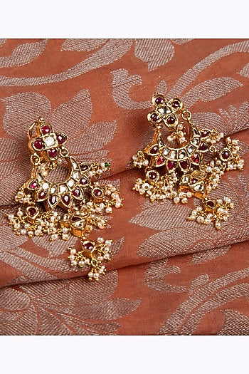 Gold Finish Pearl & Multi-Colored Stone Dangler Earrings In Sterling Silver