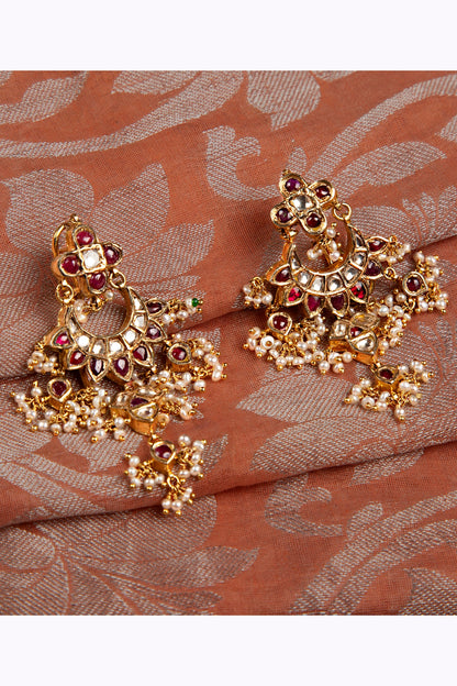 Gold Finish Pearl & Multi-Colored Stone Dangler Earrings In Sterling Silver
