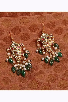 Gold Finish Kundan Polki & Emerald Stone Stud Earrings In Sterling Silver