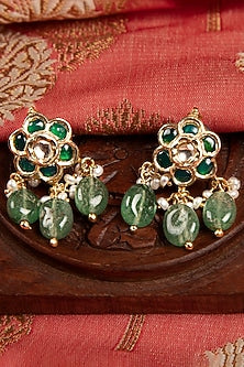 Gold Finish Kundan Polki & Emerald Stone Dangler Earrings In Sterling Silver