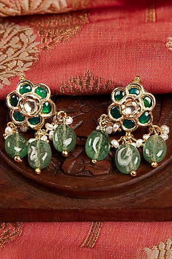 Gold Finish Kundan Polki & Emerald Stone Dangler Earrings In Sterling Silver
