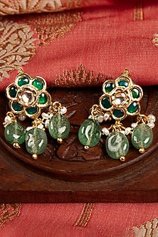 Gold Finish Kundan Polki & Emerald Stone Dangler Earrings In Sterling Silver