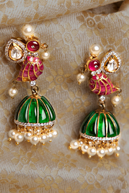 Gold Finish Kundan Polki & Pearl Dangler Earrings In Sterling Silver