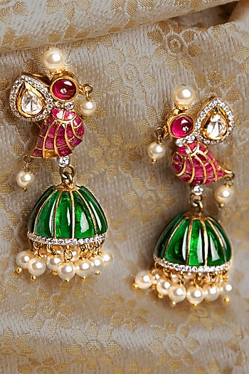 Gold Finish Kundan Polki & Pearl Dangler Earrings In Sterling Silver