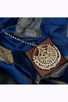 Gold Finish Kundan Polki & Emerald Stone Maang Tikka In Sterling Silver
