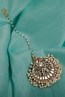 Gold Finish Kundan Polki & Multi-Colored Stone Maang Tikka In Sterling Silver