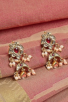 Gold Finish Ruby & Yellow Stone Dangler Earrings In Sterling Silver
