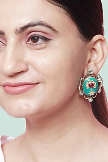 Silver Finish Turquoise Stone & Pearl Stud Earrings In Sterling Silver
