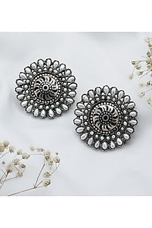 Silver Finish Pearl Floral Stud Earrings In Sterling Silver