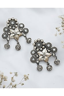 Silver Finish Floral Stud Earrings In Sterling Silver