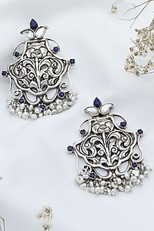 Silver Finish Pearl & Lapis Lazuli Dangler Earrings In Sterling Silver