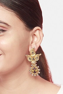 Gold Finish Gem Stone Dangler Earrings In Sterling Silver