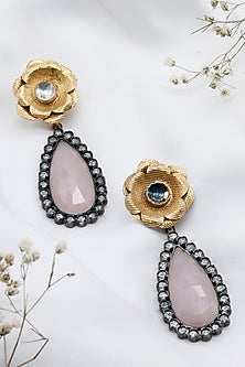 Two Tone Finish Rose Quartz Dangler Earrings In Sterling Silver