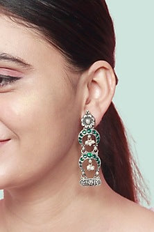 Black Rhodium Finish Emerald Stone Dangler Earrings In Sterling Silver