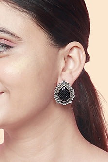 Silver Finish Black Onyx Stud Earrings In Sterling Silver