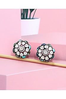 Silver Finish Multi-Colored Moissanite Stone Handcrafted Stud Earrings In Sterling Silver