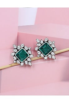 Silver Finish Green Kundan Stone Handcrafted Stud Earrings In Sterling Silver