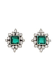 Silver Finish Green Kundan Stone Handcrafted Stud Earrings In Sterling Silver