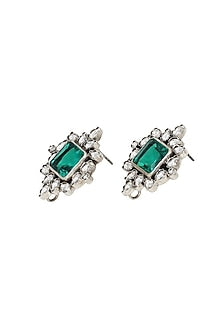 Silver Finish Green Kundan Stone Handcrafted Stud Earrings In Sterling Silver