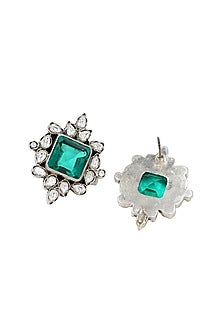 Silver Finish Green Kundan Stone Handcrafted Stud Earrings In Sterling Silver