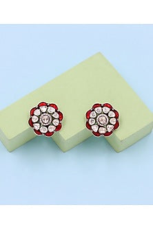 Silver Finish Red Moissanite Stone Handcrafted Stud Earrings