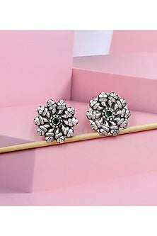 Silver Finish Green Hydro Stone Handcrafted Stud Earrings