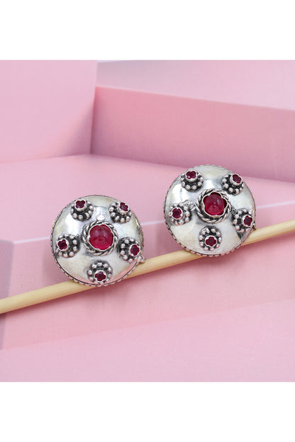 Silver Finish Red Hydro Stone Handcrafted Stud Earrings