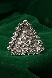 Silver Finish Checkered Pattern Triangle Engraved Ring In Sterling Silver