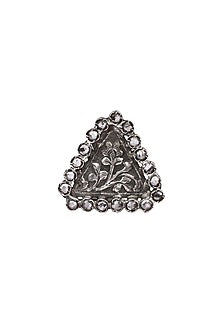 Silver Finish Checkered Pattern Triangle Engraved Ring In Sterling Silver