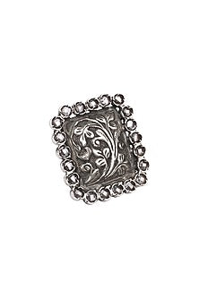 Silver Finish Checkered Pattern Square Engraved Ring In Sterling Silver
