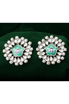 Silver Finish Floral Motif Enameled Stud Earrings In Sterling Silver