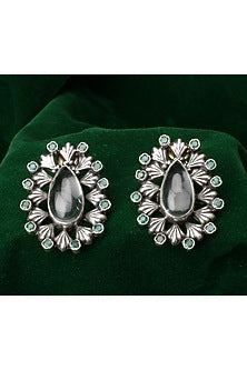 Silver Finish Emerald & Motif Stud Earrings In Sterling Silver